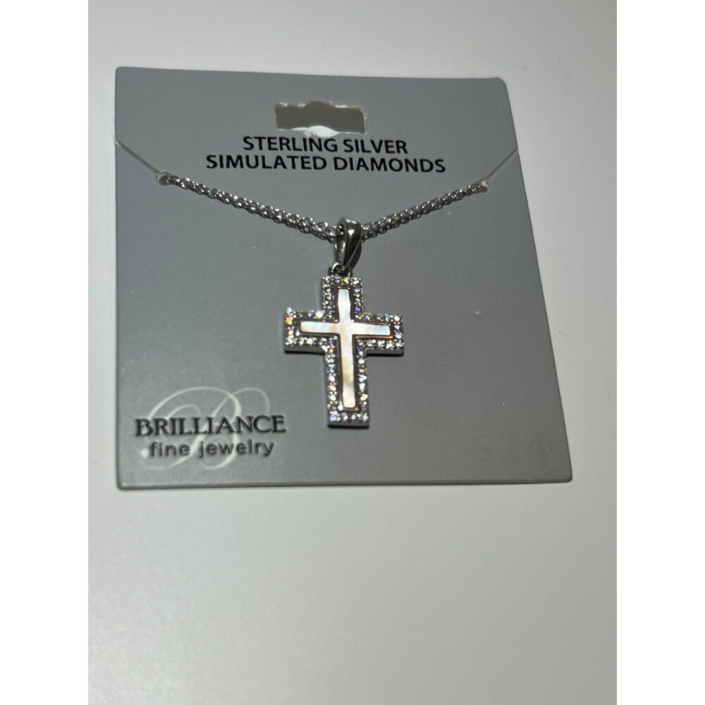 Sterling silver 925 cross pendant with mother of pearl, simulated diamonds NEW